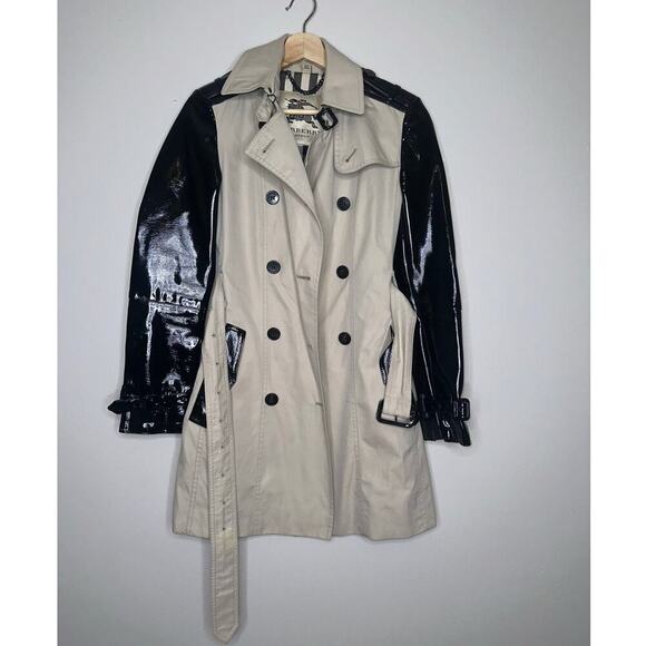 Burberry Patent Leather Sleeve Gabardine Trench Coat Black Tan US 4 - Picture 3 of 12